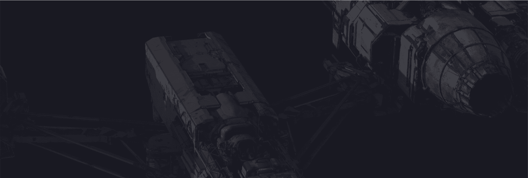 A spacecraft among dark industrial structures.