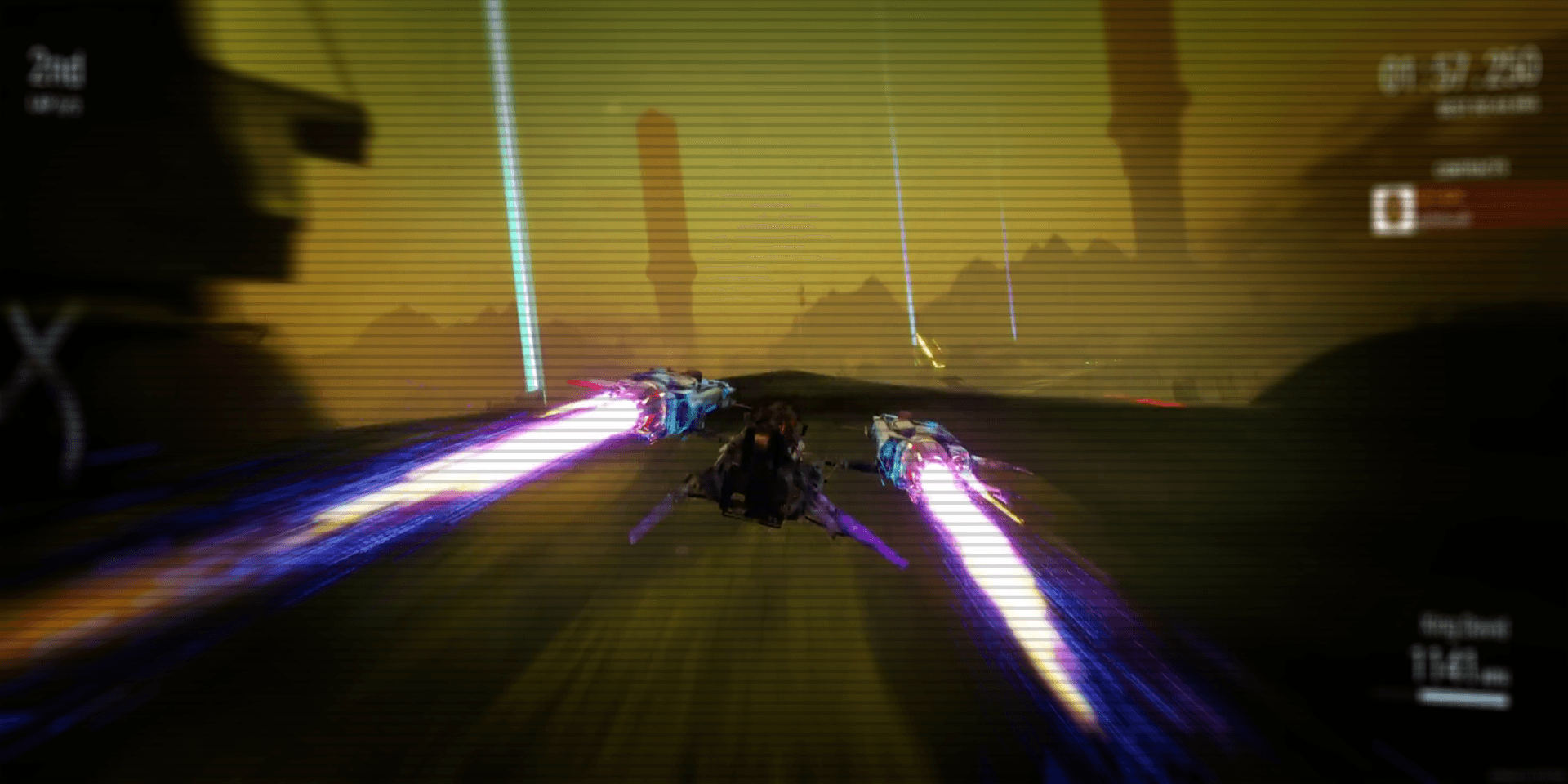 Three combat racers boosting toward illuminated gates on an alien circuit.