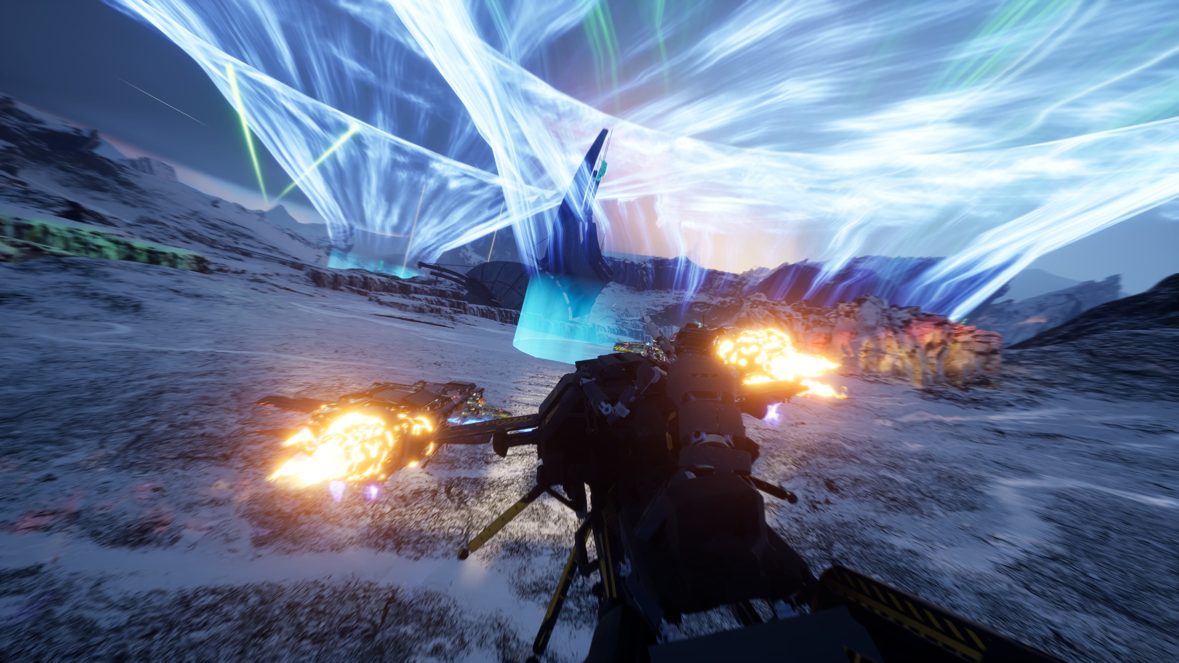 A combat racer approaching a glowing blue Ascension zone on an icy course.