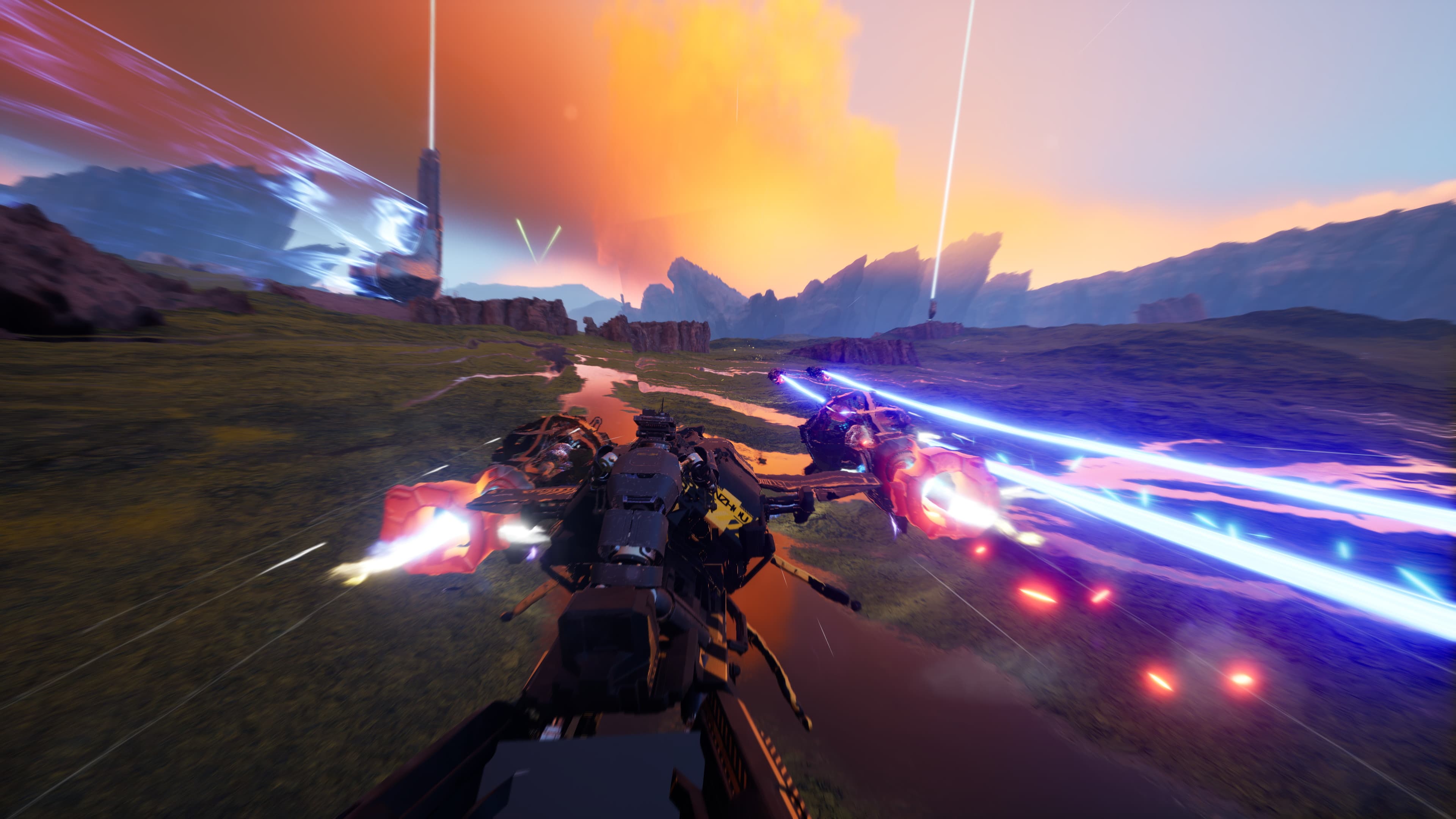 A combat racer trading blue energy fire with rivals across an alien plain.
