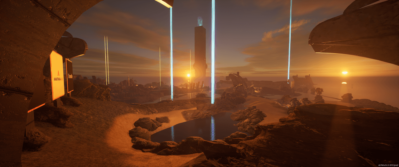 A rocky alien circuit at sunset marked by tall illuminated gates.