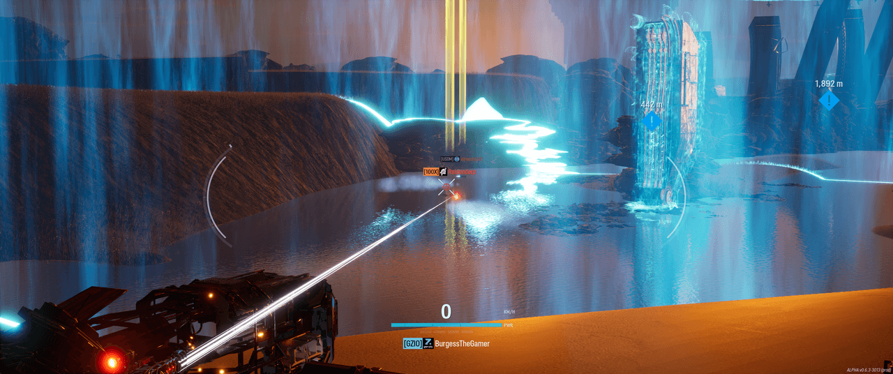 A combat racer firing across reflective terrain toward a distant rival.