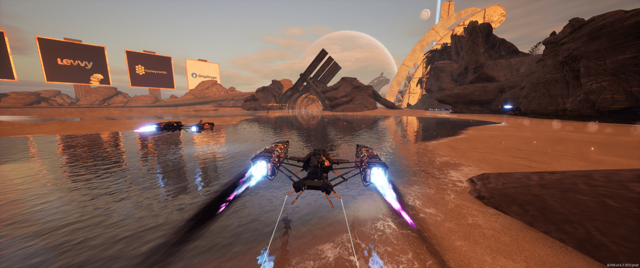A group of racers boosting across shallow water beneath an alien sky.