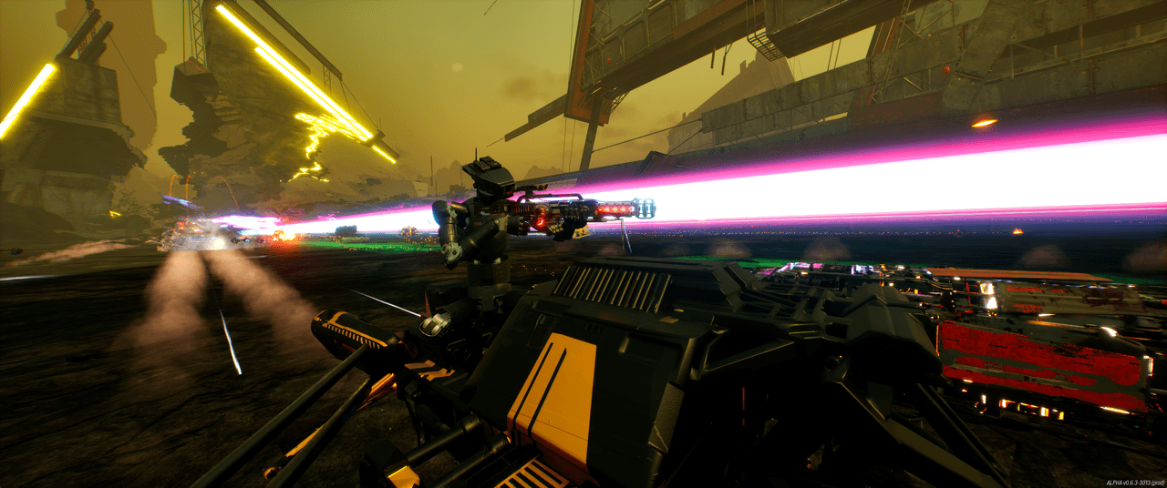 A ship-mounted weapon firing a bright beam during a race.