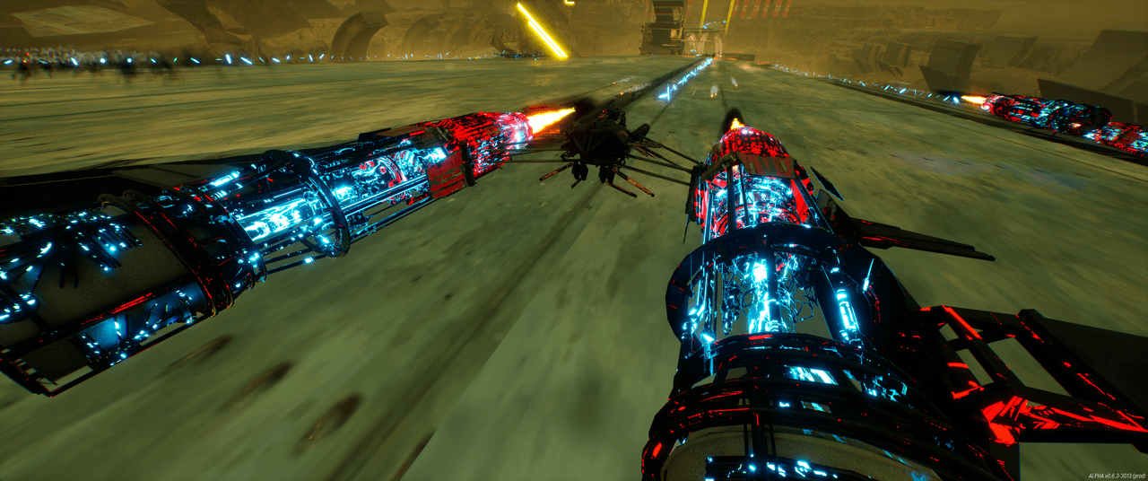 Several ships racing low over a broad industrial straightaway.