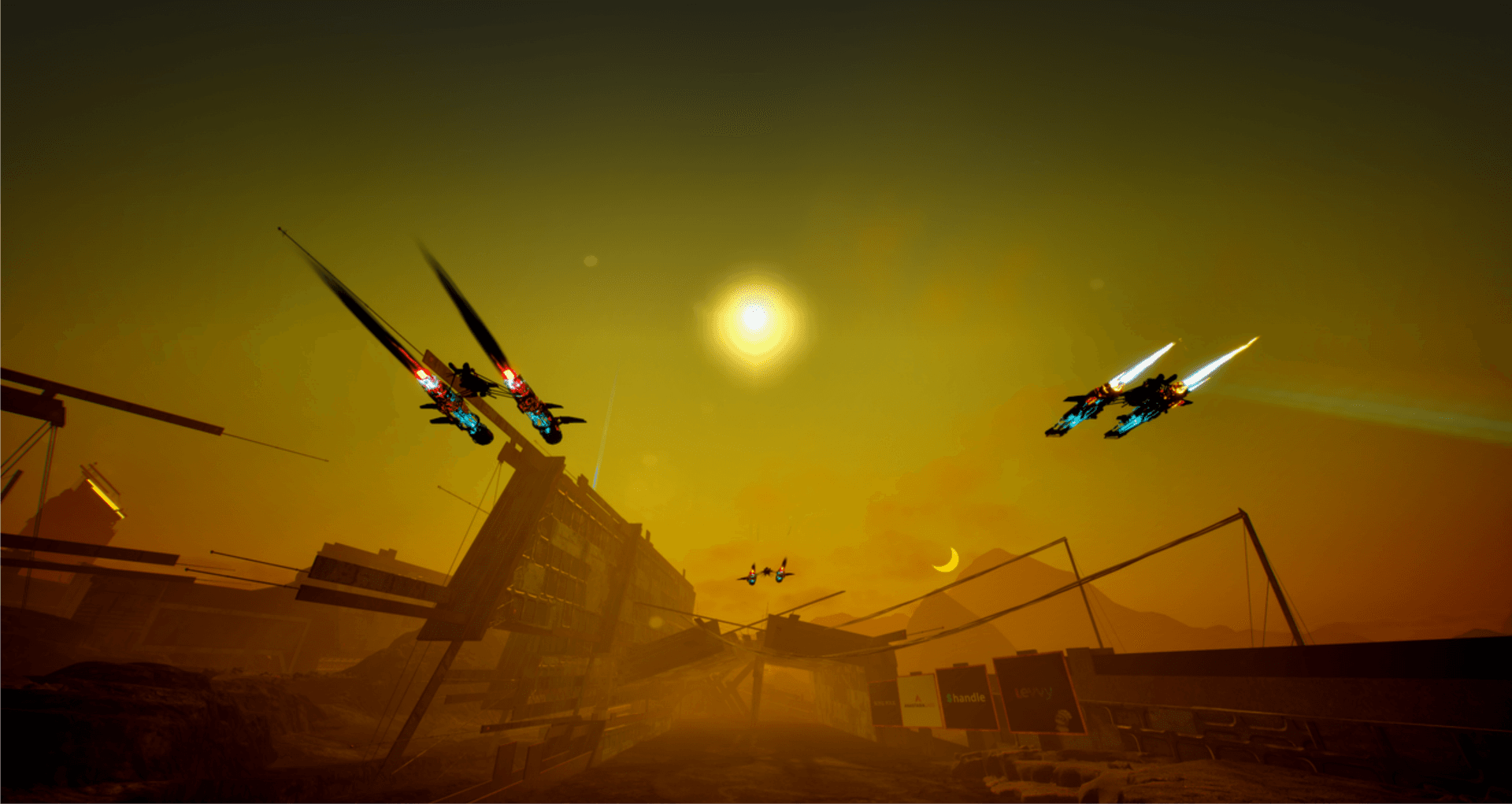Combat racers moving through an industrial sci-fi circuit.