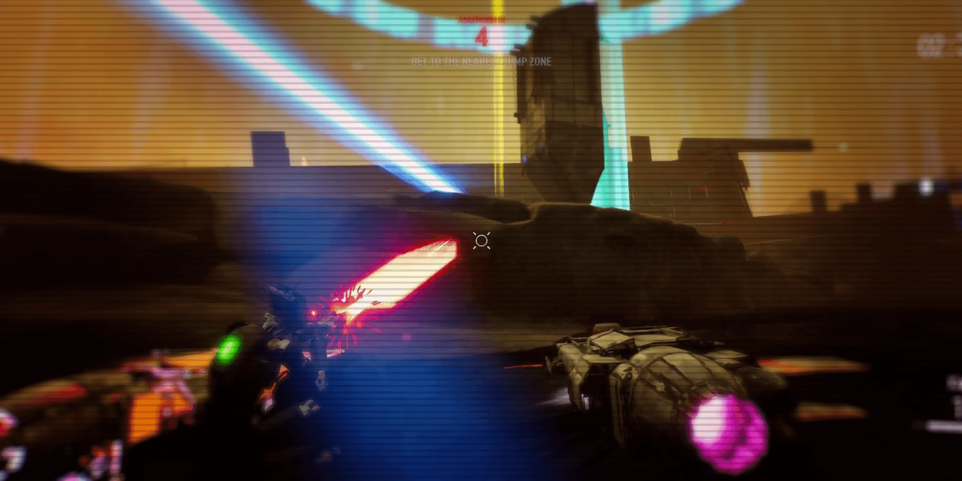 A combat racer firing a glowing weapon beside a rival near an Ascension zone.