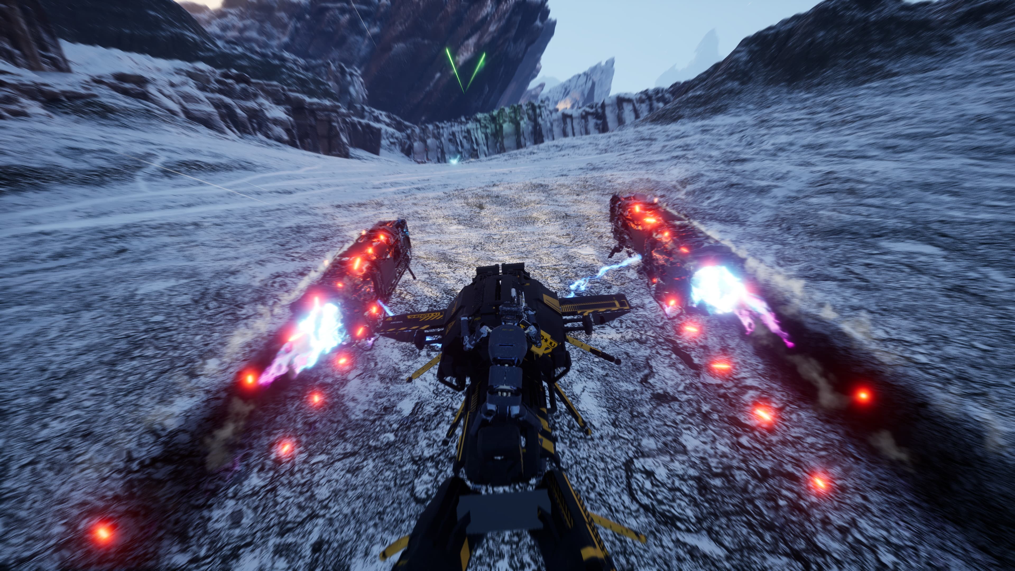 A combat racer speeding between two rivals across icy terrain.